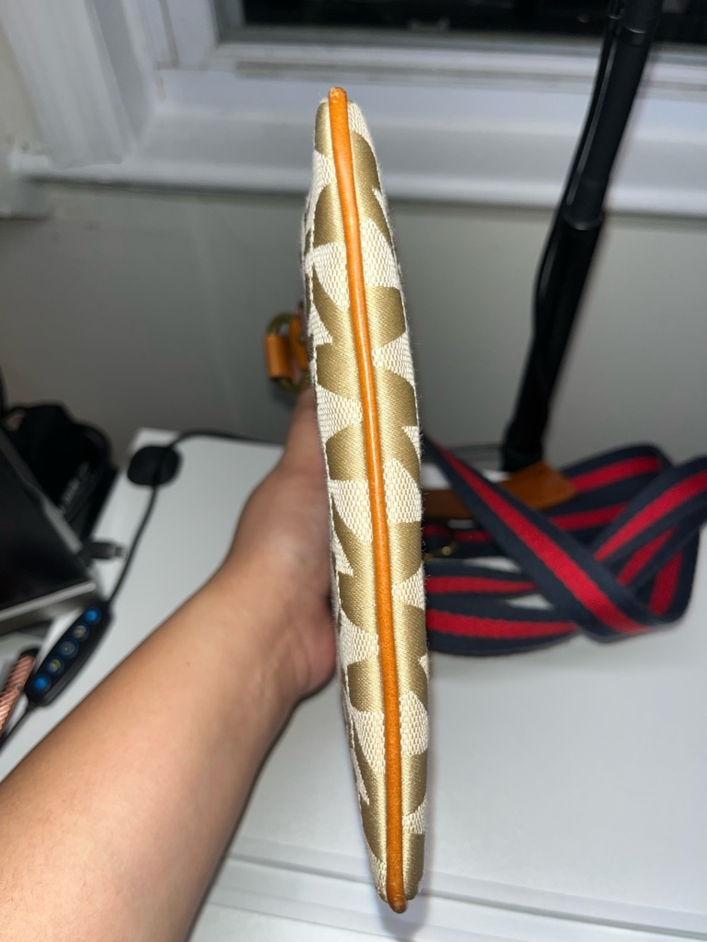 Michael Kors Beige MK Monogram Crossbody with Brown Trim and Black-Red Strap - Picture 6 of 9